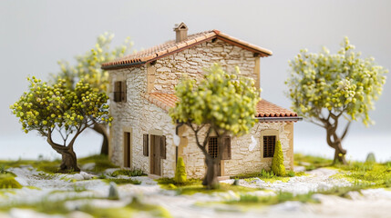 Fototapeta na wymiar A 3D Max tiny Mediterranean villa with trees