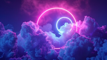 3d render, abstract cloud illuminated with neon light ring on dark night sky. Glowing geometric shape, round frame