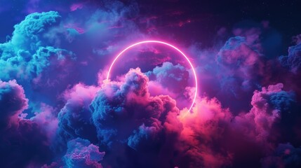 3d render, abstract cloud illuminated with neon light ring on dark night sky. Glowing geometric...