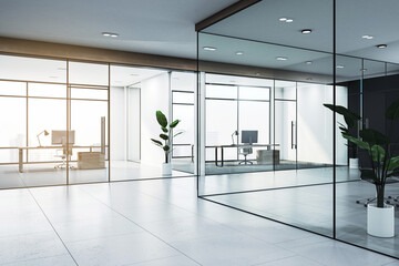 Contemporary office with glass walls and herringbone flooring, city view in the backdrop. 3D Rendering