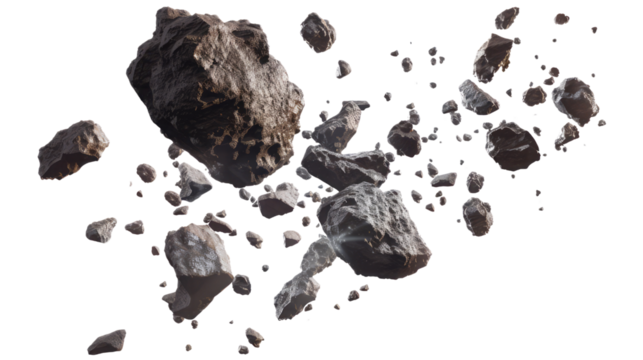 rock explosion out in pieces On an isolated white background For use as an advertising illustration