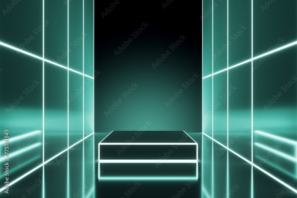 Poster green futuristic neon interior with mock up place for your advertisement. 3d rendering.futuristic ne