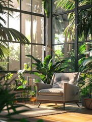 Fototapeta premium A room with a chair and a potted plant