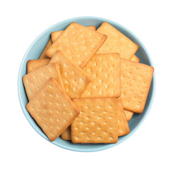 Tasty crackers in bowl isolated on white, top view
