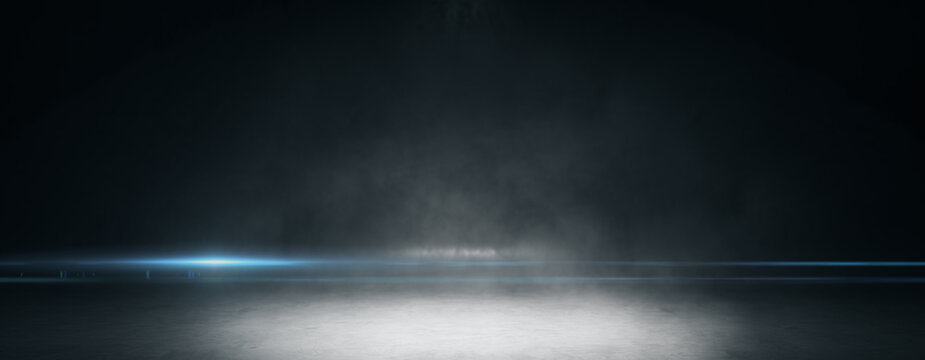 Spotlight on dark stage with blue neon light and smoke, suspenseful event backdrop. 3D Rendering