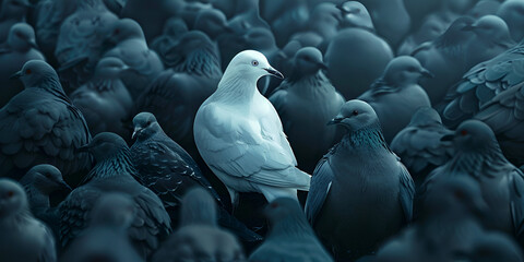 Standing out from the crowd , white bird standing between man gray birds. generative ai - obrazy, fototapety, plakaty