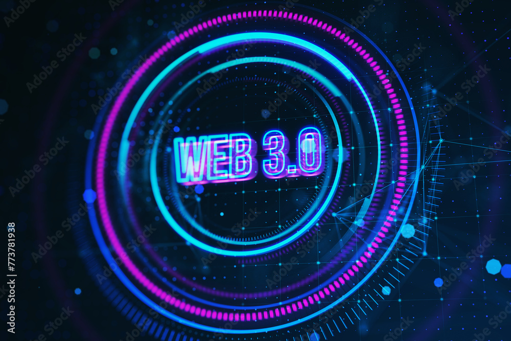 Poster Digital concept of WEB 3. 0 on a neon glowing cyber interface, with blue and pink highlights on a dark abstract background. 3D Rendering