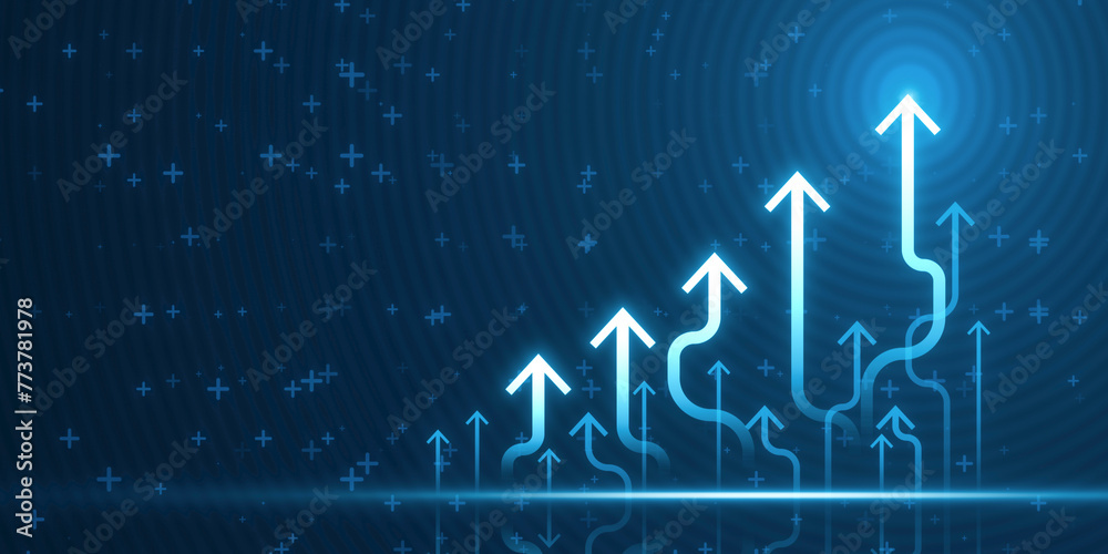 Poster arrows moving upward on a glowing blue digital background, abstract concept of growth and technology