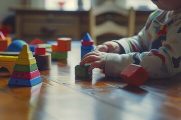 A child is playing with blocks on a table