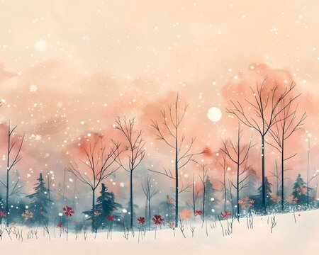 A heartwarming illustration of a snowy winter scene with bare trees against a soft sunset, embellished by gentle snowfall and whimsical florals.