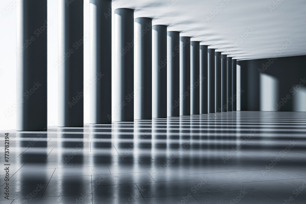 Poster an empty modern gallery with tall pillars, clean design, and a glossy floor reflecting shadows set o