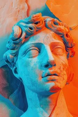 A statue of a man with a blue and orange background
