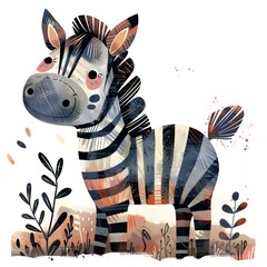 This charming illustration presents a friendly zebra amidst a cheerful array of springtime foliage, providing a delightful option for nursery or children's book cover decor.