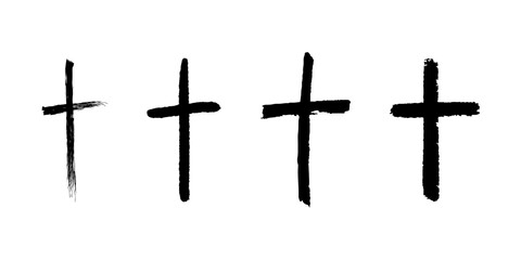 Grunge Christian Church cross set. Hand drawn Catholic cross. Sketch black religious crucifix symbol. Vector illustration isolated on white background.