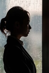 A woman is standing in front of a window with raindrops on it
