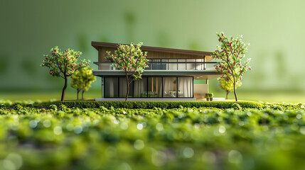 A 3D Max modern miniature house with small budding trees and a lush green lawn, showcased on a soft green background to capture the essence of new growth and renewal in spring.