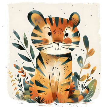 This playful illustration depicts a whimsical tiger cub, blending with the surrounding foliage, for nursery or children's book cover decor.
