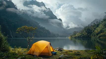 camping tent in a nature hiking spot - obrazy, fototapety, plakaty