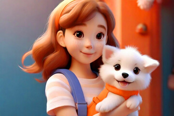 Boy and Dog 3D Cartoon Design. Portrait of cute kawaii positive excited smiling Girl in fashion casual clothes overalls, orange t-shirt holds large fluffy white playful puppy with one hand under arm