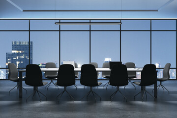 A modern conference room with a long table, chairs, and a night city view background, concept of a corporate meeting space. 3D Rendering - obrazy, fototapety, plakaty