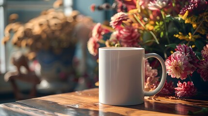 A white mug takes center stage among scattered wildflowers on a rustic wooden table, illuminated by soft natural light, for mockup.