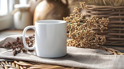 A clean white mug rests on a beige napkin with warm, autumnal dried flowers, set against a backdrop of wicker textures, for mockup.