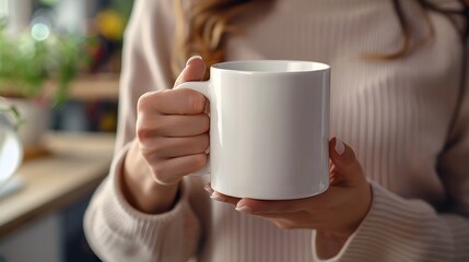 Capturing a moment of serene tranquility, this mockup features a close-up shot of someone embracing a warm white mug, radiating warmth and comfort.