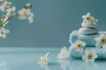 A blue background with white flowers and a stack of white towels