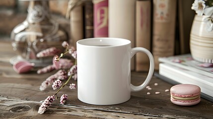 This mockup presents a classic white mug placed gracefully on a rustic wooden table, enhanced by romantic elements such as a delicate rose and a delicious macaron.