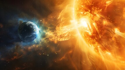 Planet Earth is shown with a spectacular view of an intense solar flare activity in the vastness of space. - obrazy, fototapety, plakaty