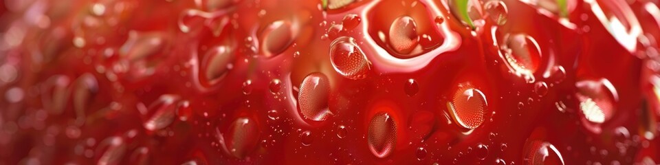 A macro photograph capturing the essence of a strawberry's surface, with seeds and delicate dewdrops
