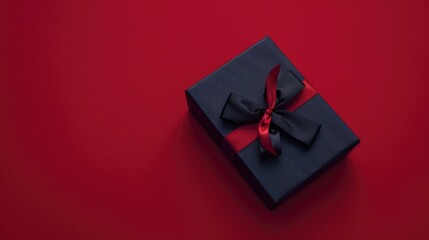 A black box with a red ribbon on top of a red background