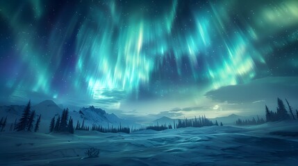Under the evening sky, a serene icy mountain landscape is illuminated by a stunning display of polar lights, casting vibrant colors across the horizon. - obrazy, fototapety, plakaty