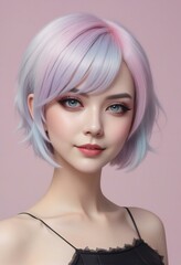 Portrait of a beautiful young girl with short pink hair and blue eyes