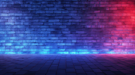 A 3d illustration of brick wall room with blue, red, purple and pink neon lights on wooden floor. Dark background with smoke and bright highlights, night view. Studio shot mockup design