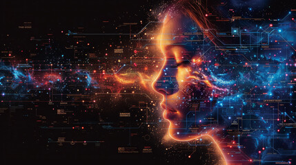 Digital abstract profile of a woman with a technological theme in blue and red, ai generated