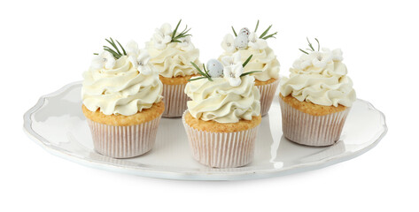 Tasty Easter cupcakes with vanilla cream isolated on white