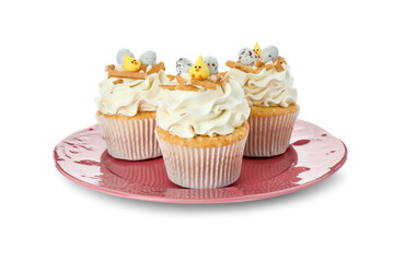 Tasty Easter cupcakes with vanilla cream isolated on white