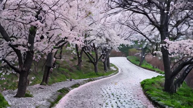 A winding mountain path lined with pink cherry blossom trees in full bloom. Petals flutter down onto the path, which is flanked by the flowering trees on both sides. 