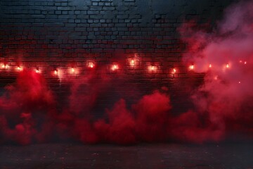 Burning candles in red smoke on the dark brick wall background