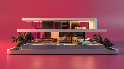 3d  miniature modern villa on pink background