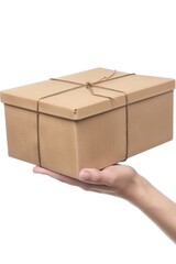 A person is holding a brown cardboard box with a string tied around it