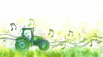 Musical notes among a green field with a tractor, a children's background postcard in watercolor style