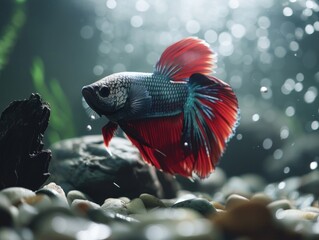 A fish with a red tail is swimming in a tank