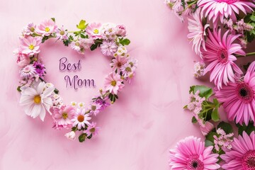 Mothers Day heart-shaped greeting with an arrangement of beautiful flower.