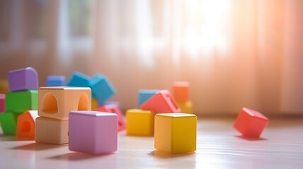 Colorful childish cubes in the room on the floor in the sunlight - obrazy, fototapety, plakaty
