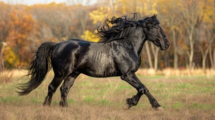 A majestic Friesian horse trotting gracefully across a sunlit pasture.