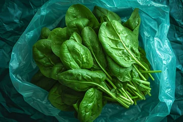 Fotobehang Fresh green spinach leaves in plastic bag on dark background, top view © Quan