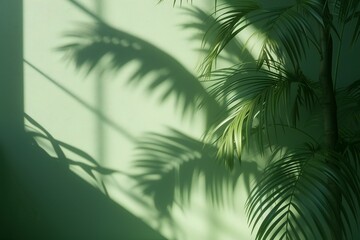 Tropical palm leaves shadows on a green wall,  Copy space