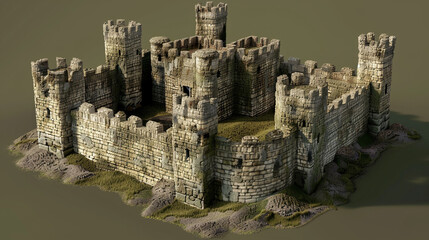 A 3D Max miniature medieval fortress, with stone walls and a moat, showcased on an olive green background to mimic its historic and rugged environment.